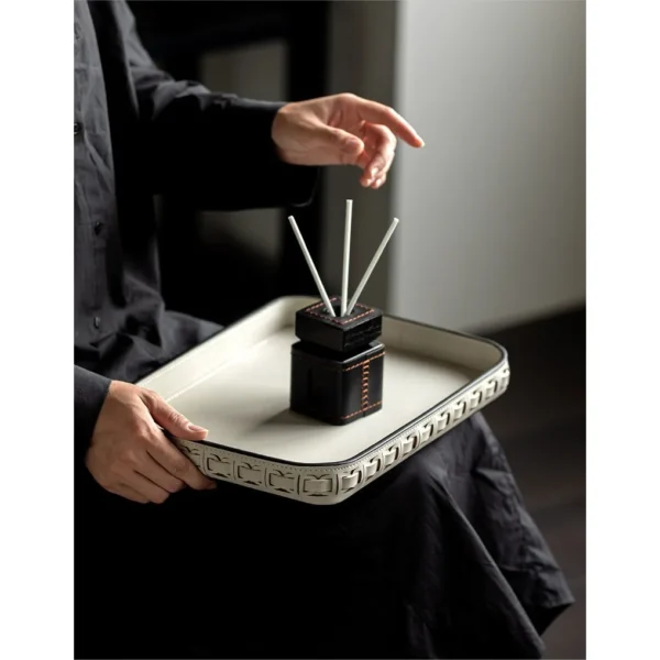 Hand-Woven Leather Rectangular Tray, Grey or Orange in slate — in a room setting