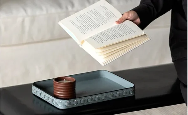 Hand-Woven Leather Rectangular Tray, Grey or Orange in slate — in a room setting
