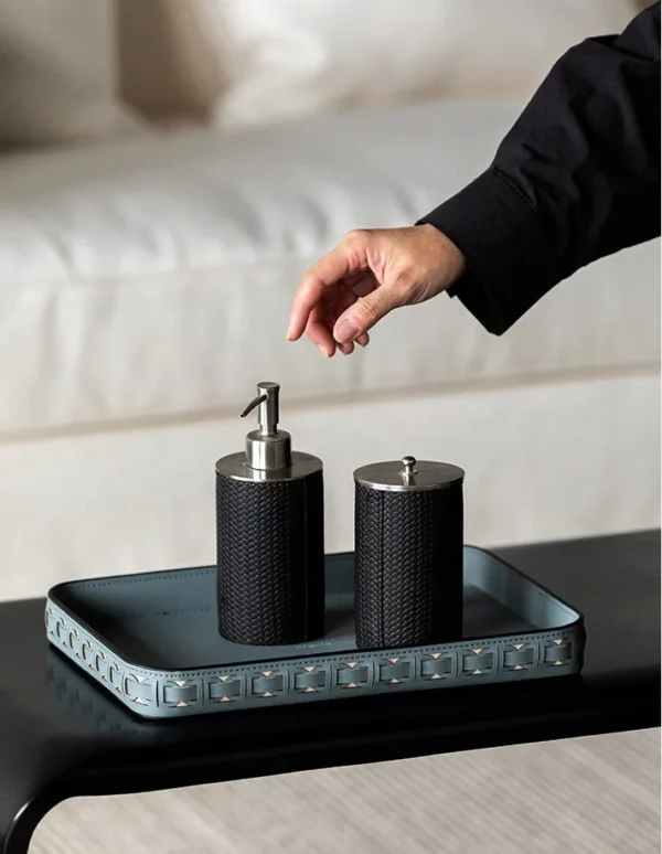 Hand-Woven Leather Rectangular Tray, Grey or Orange in slate — in a room setting