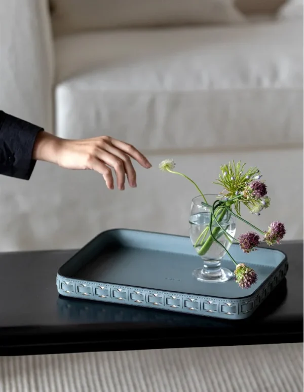 Hand-Woven Leather Rectangular Tray, Grey or Orange in slate — in a room setting