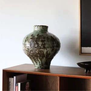 Jingdezhen Mottled Green Wide-Mouth Jar Vase, Tall or Short in olive — front view