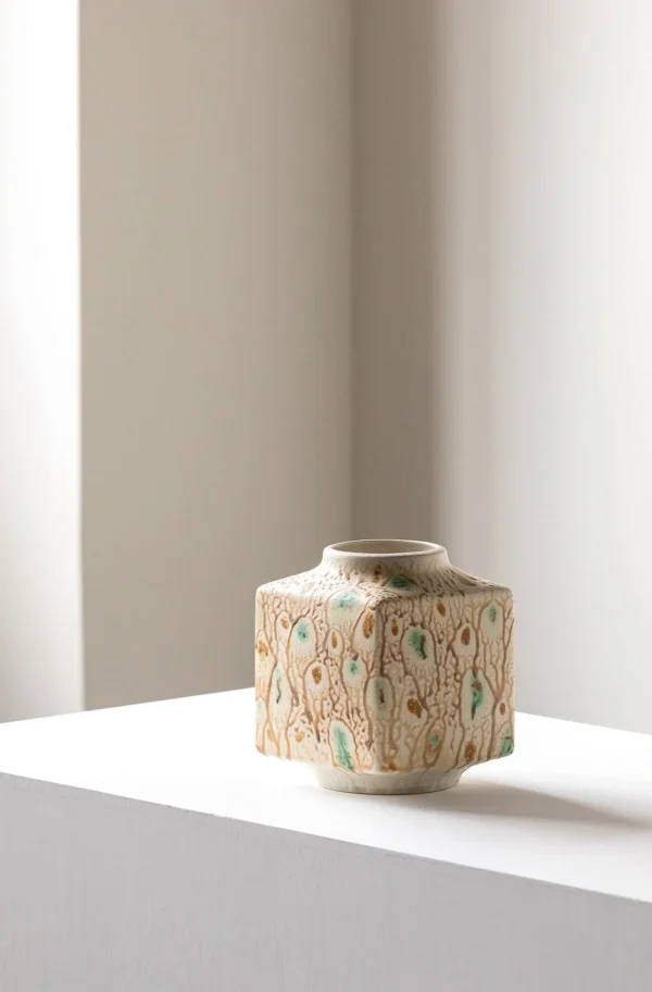 Kiln-Change Speckled Ceramic Vases in sand — in a room setting