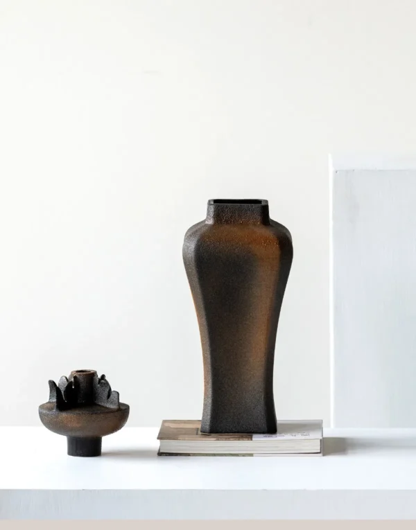 Kiln-Change Black Square Ceramic Vase with Waisted Shoulder in black — in a room setting