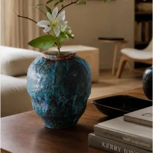 Kiln-Change Verdigris Textured Jar Vase, Small or Large in blue — front view