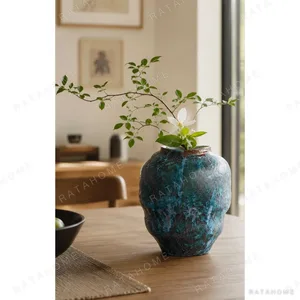 Kiln-Change Verdigris Textured Jar Vase, Small or Large in blue — in a room setting