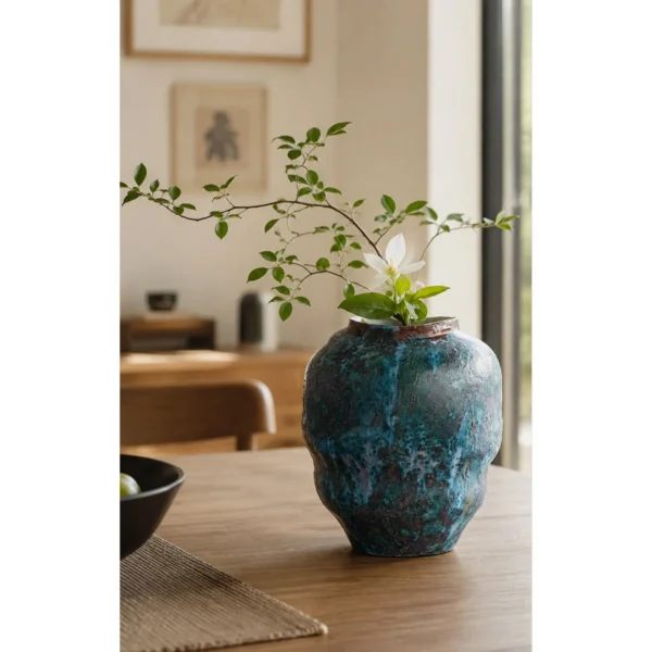 Kiln-Change Verdigris Textured Jar Vase, Small or Large in blue — in a room setting