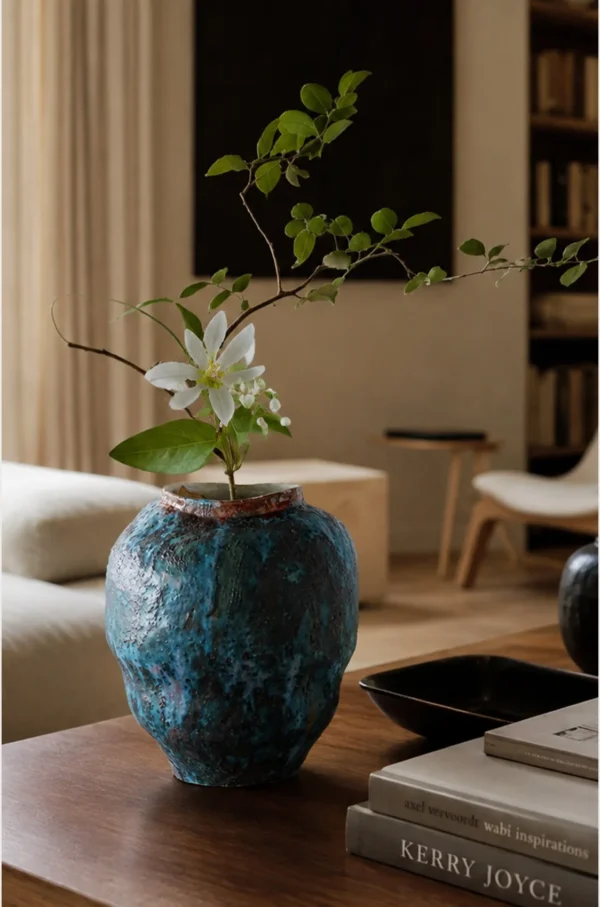 Kiln-Change Verdigris Textured Jar Vase, Small or Large in blue — in a room setting