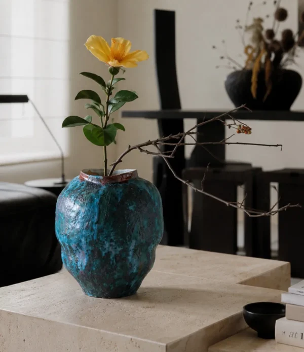 Kiln-Change Verdigris Textured Jar Vase, Small or Large in blue — in a room setting