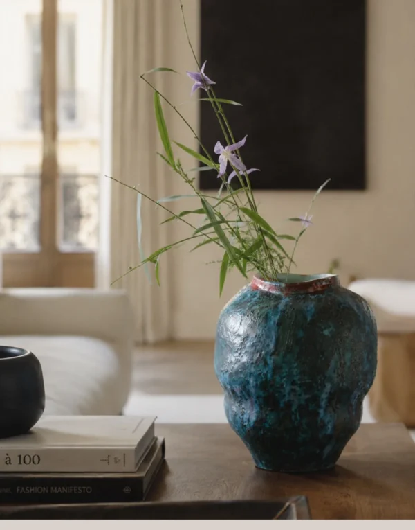 Kiln-Change Verdigris Textured Jar Vase, Small or Large in blue — in a room setting