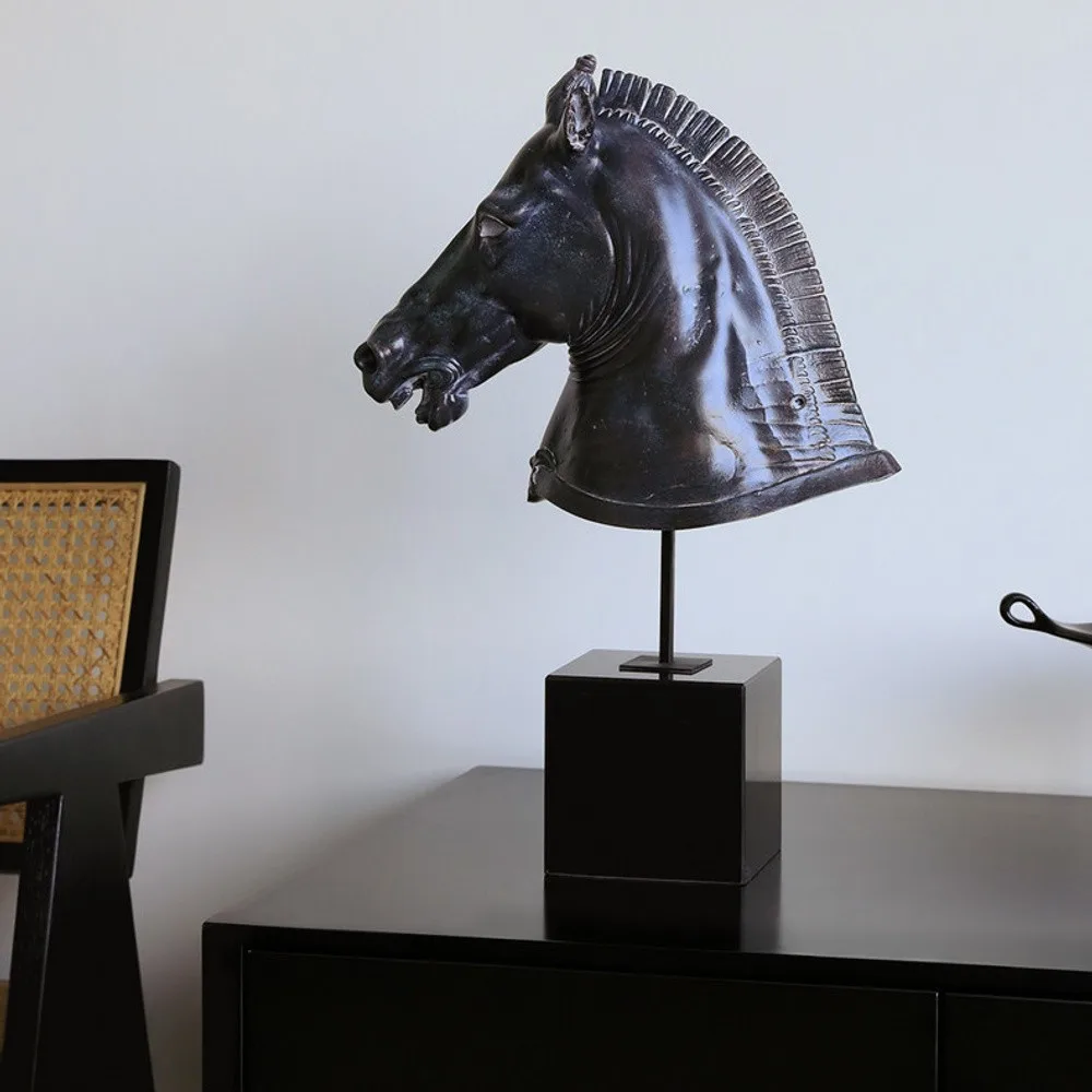 Bronze-Effect Horse Head Sculpture on Black Plinth in bronze — front view