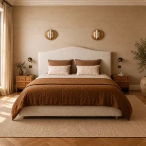 Arched Headboard Linen Bed with Studded Edge in oatmeal — front view