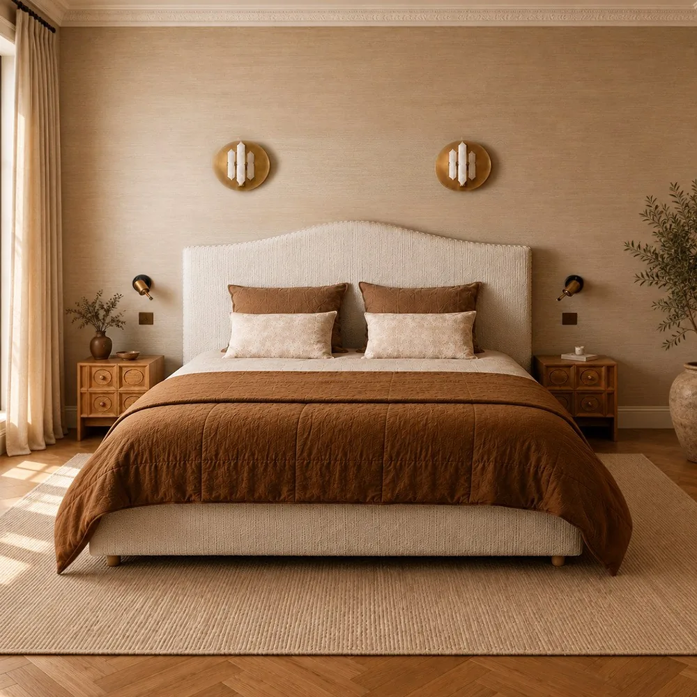 Arched Headboard Linen Bed with Studded Edge in oatmeal — front view