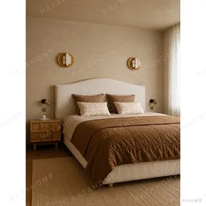 Arched Headboard Linen Bed with Studded Edge in oatmeal — in a room setting