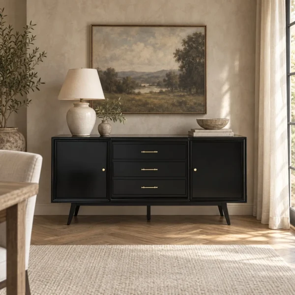 Vintage Black Gloss Sideboard in black — in a room setting