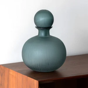 Mist Blue Ribbed Frosted Glass Bottle Vase with Ball Stopper in blue — front view