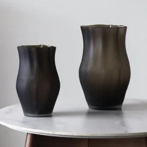 Misty Pleated Frosted Glass Vase in Smoke, Short or Tall — front view
