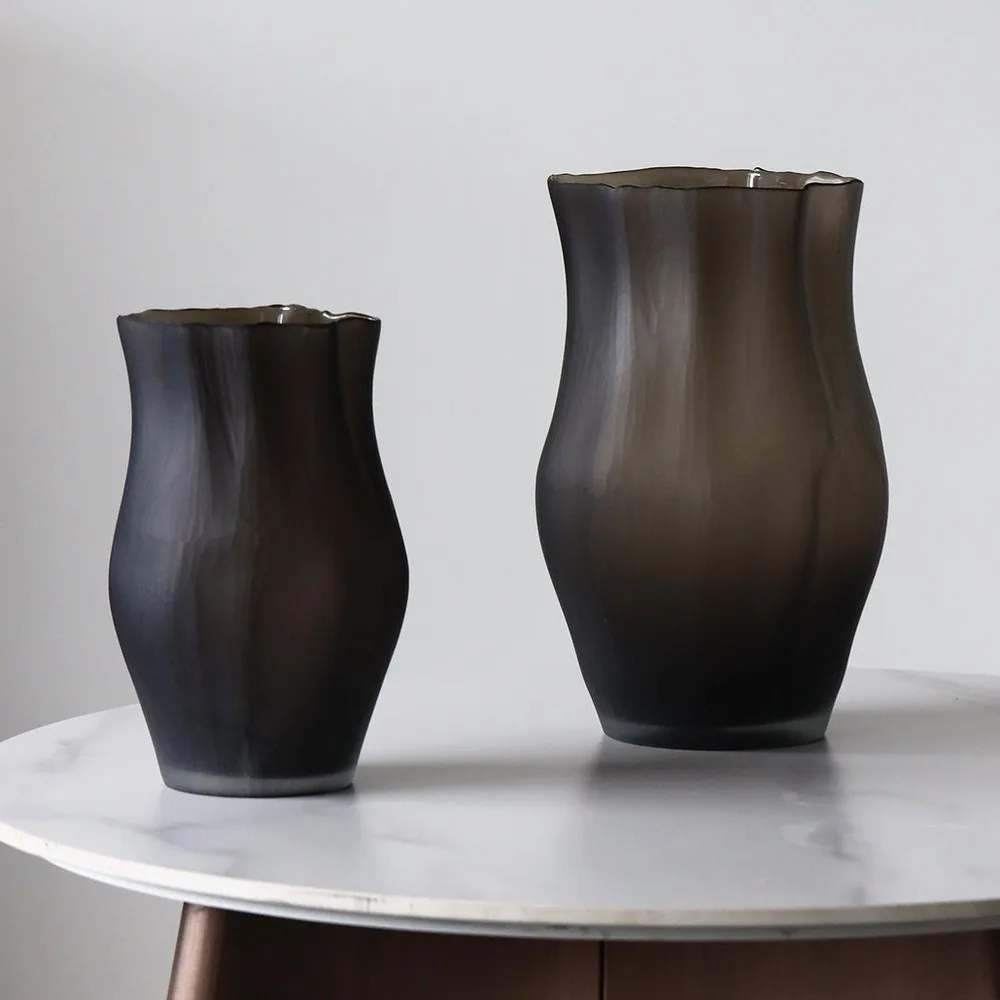Misty Pleated Frosted Glass Vase in Smoke, Short or Tall — front view