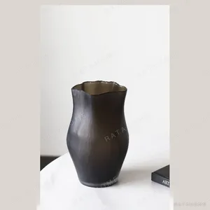 Misty Pleated Frosted Glass Vase in Smoke, Short or Tall — in a room setting