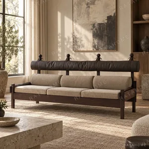 Vintage Narrative Walnut Sofa with Leather Backrest, 240 cm in walnut — in a room setting