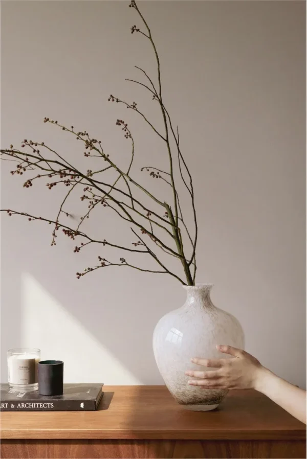 Warm Grey Marbled Glass Vases in slate — in a room setting