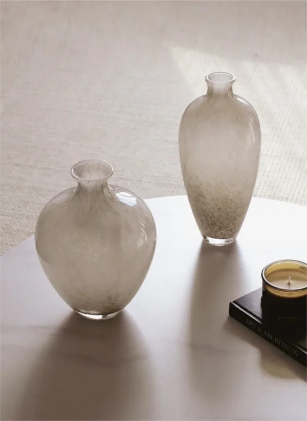 Warm Grey Marbled Glass Vases in slate — in a room setting