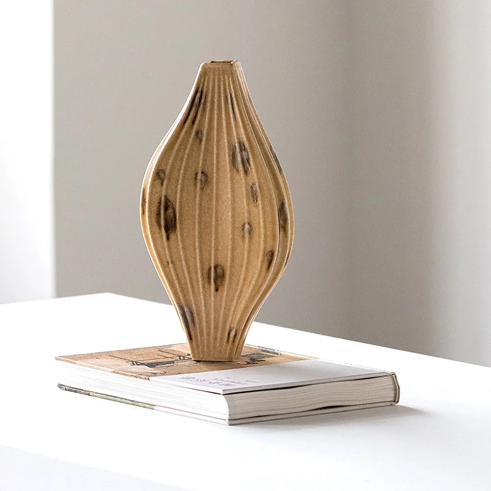 Ochre Ribbed Diamond Ceramic Vase on Flared Foot, Two Forms in mustard — front view