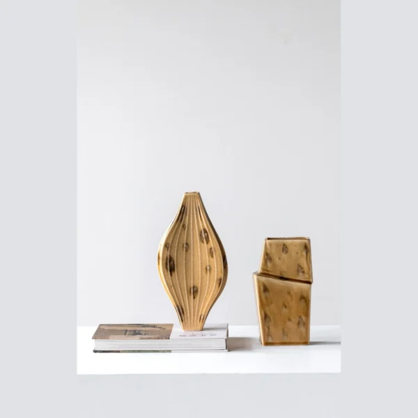 Ochre Ribbed Diamond Ceramic Vase on Flared Foot, Two Forms in mustard — in a room setting