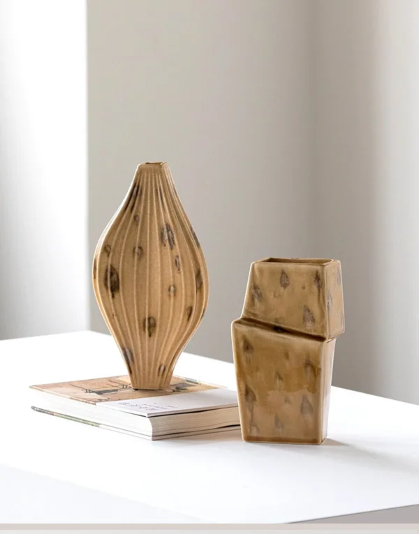 Ochre Ribbed Diamond Ceramic Vase on Flared Foot, Two Forms in mustard — in a room setting