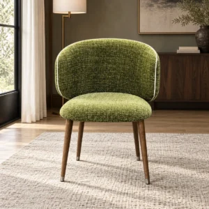 Olive Green Curved-Back Dining Chair on Walnut Legs in olive — front view