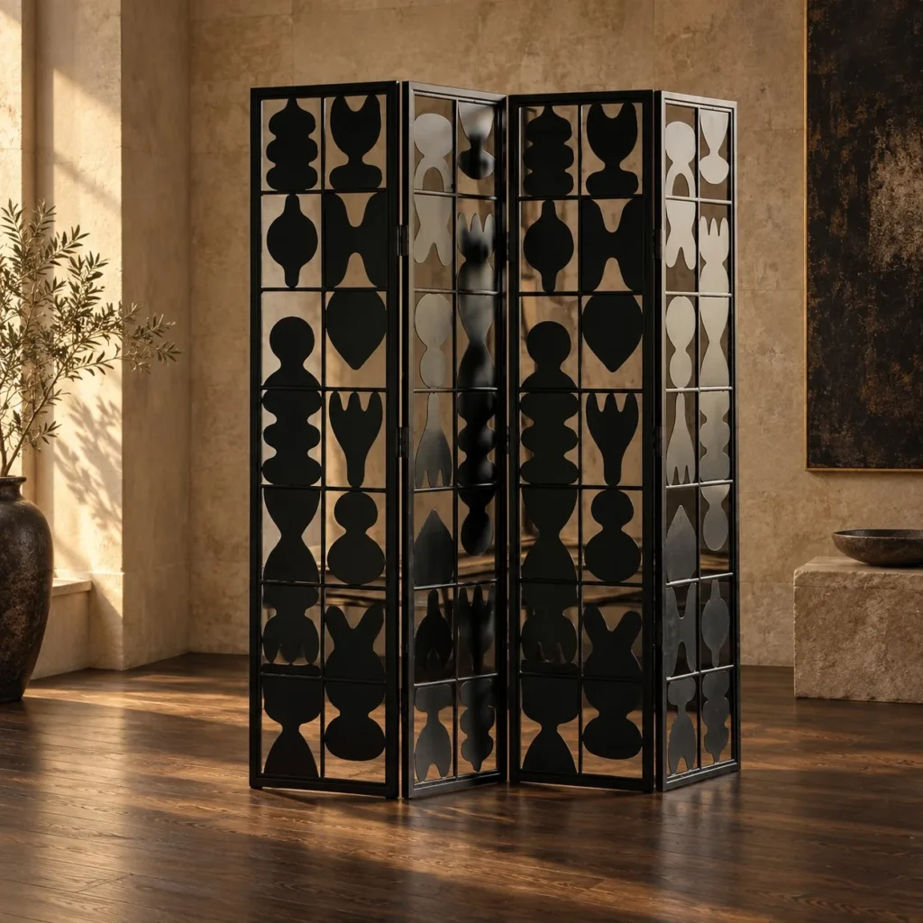 Vessel-Silhouette Openwork Folding Screen in black — front view
