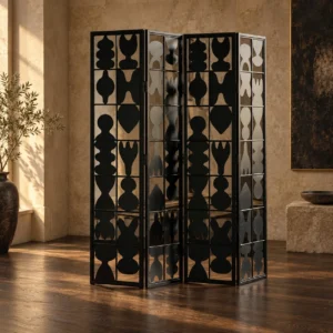 Vessel-Silhouette Openwork Folding Screen in black — front view