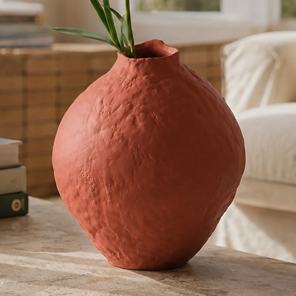 Hand-Pinched Red Clay Round Vase with Torn Rim in rust — front view