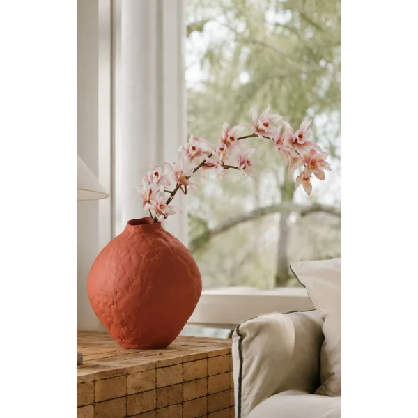 Hand-Pinched Red Clay Round Vase with Torn Rim in rust — in a room setting