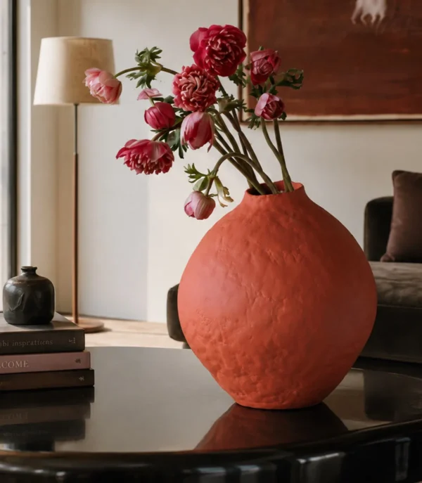Hand-Pinched Red Clay Round Vase with Torn Rim in rust — in a room setting
