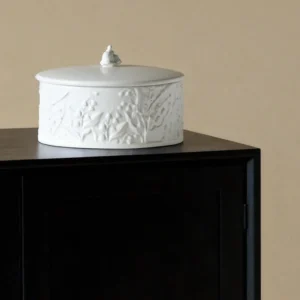 Vintage Relief Lily of the Valley Ceramic Storage Jar in ivory — front view