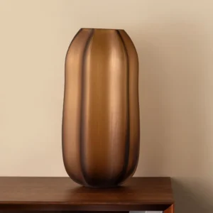 Ribbed Frosted Amber Pumpkin Glass Vase, Short or Tall in clay — front view