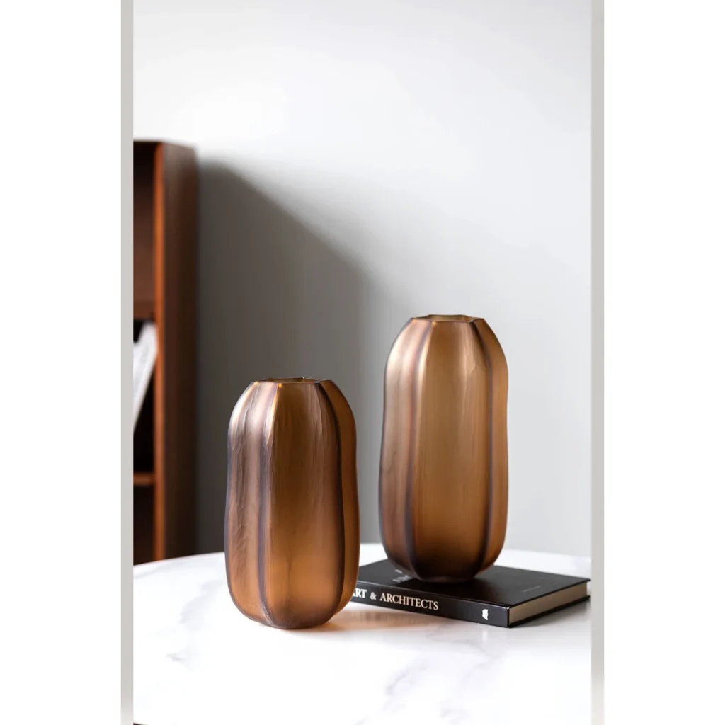 Ribbed Frosted Amber Pumpkin Glass Vase, Short or Tall in clay — in a room setting