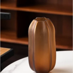 Ribbed Frosted Amber Pumpkin Glass Vase, Short or Tall in clay — in a room setting