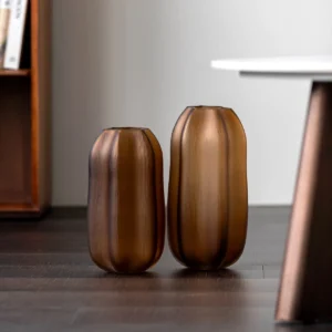 Ribbed Frosted Amber Pumpkin Glass Vase, Short or Tall in clay — in a room setting