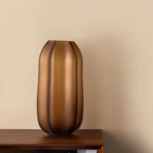 Ribbed Frosted Amber Pumpkin Glass Vase, Short or Tall in clay — in a room setting
