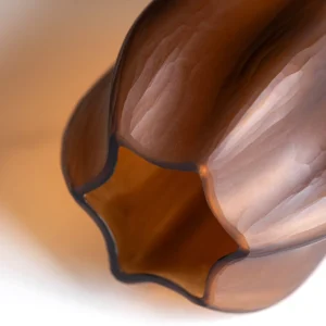 Ribbed Frosted Amber Pumpkin Glass Vase, Short or Tall in clay — in a room setting