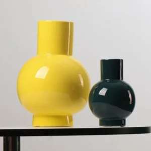 Glossy Round-Belly Ceramic Vases in Yellow, Green and White — front view