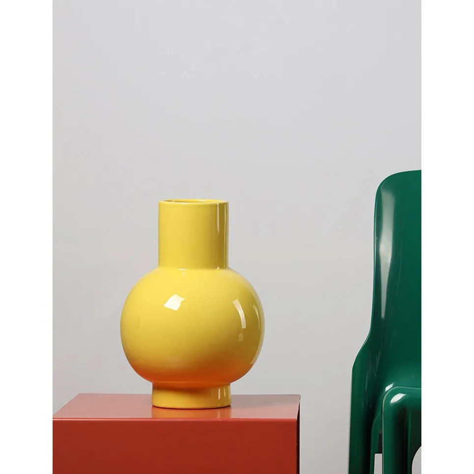 Glossy Round-Belly Ceramic Vases in Yellow, Green and White — in a room setting
