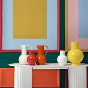 Glossy Round-Belly Ceramic Vases in Yellow, Green and White — in a room setting