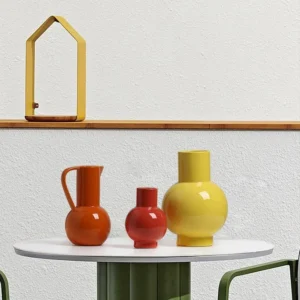 Glossy Round-Belly Ceramic Vases in Yellow, Green and White — in a room setting