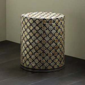 Quatrefoil Capiz Shell Drum Side Table in Cream and Navy — front view