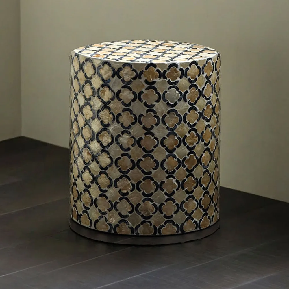 Quatrefoil Capiz Shell Drum Side Table in Cream and Navy — front view