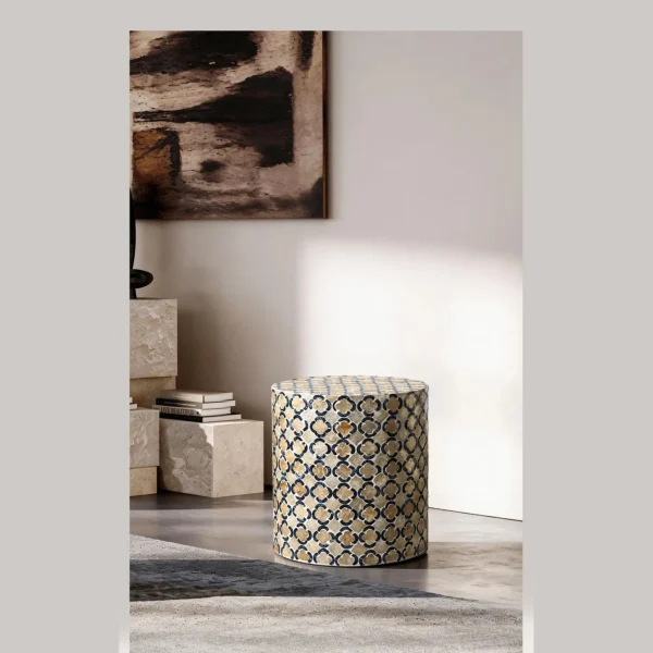Quatrefoil Capiz Shell Drum Side Table in Cream and Navy — in a room setting