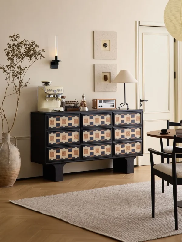 Vintage Nine-Drawer Sideboard in black — in a room setting