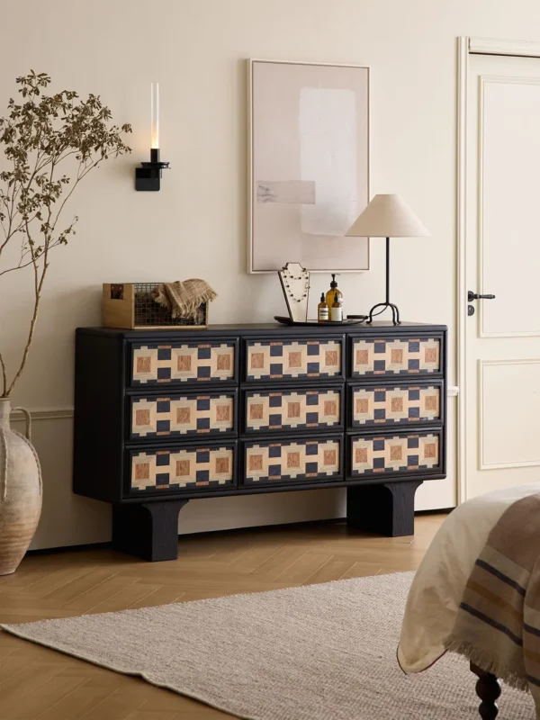 Vintage Nine-Drawer Sideboard in black — in a room setting